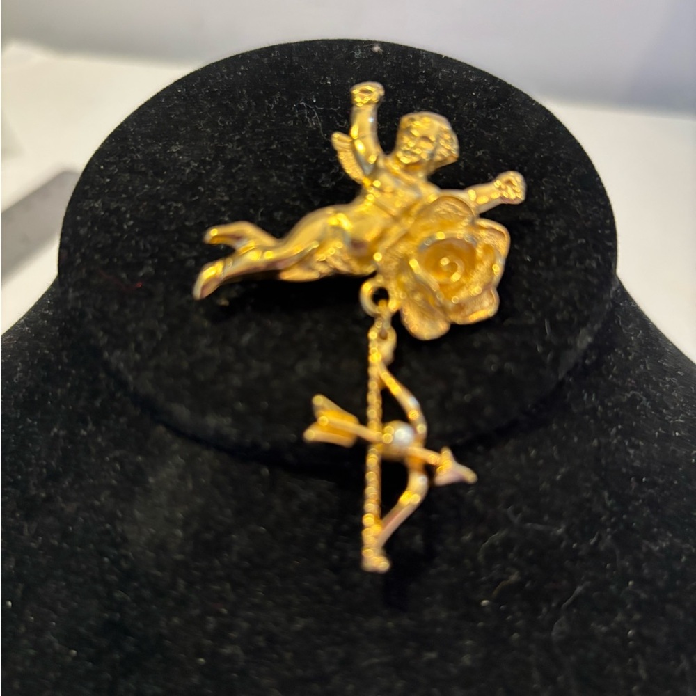 Gold Tone Brooch Cupid Bow and Arrow Rose Angel Jewelry